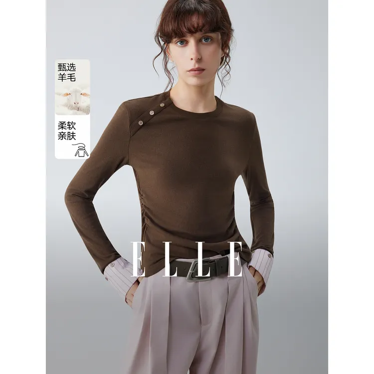 ELLE女装绵羊毛撞色正肩T恤2025秋季新款简约休闲内搭上衣ET52339