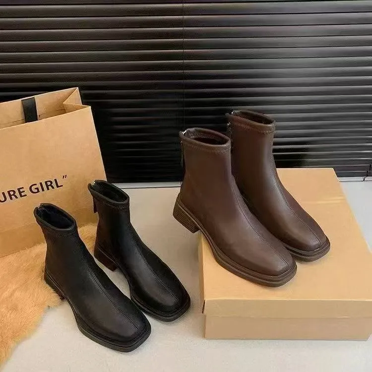 英伦复古方头弹力短靴方头简约英伦复古防水台弹力中跟短靴805