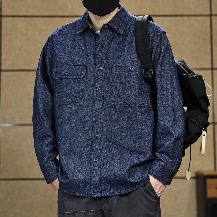 美式复古工装衬衫男秋冬季2025新款潮牌痞帅高级感休闲长袖衬衣男