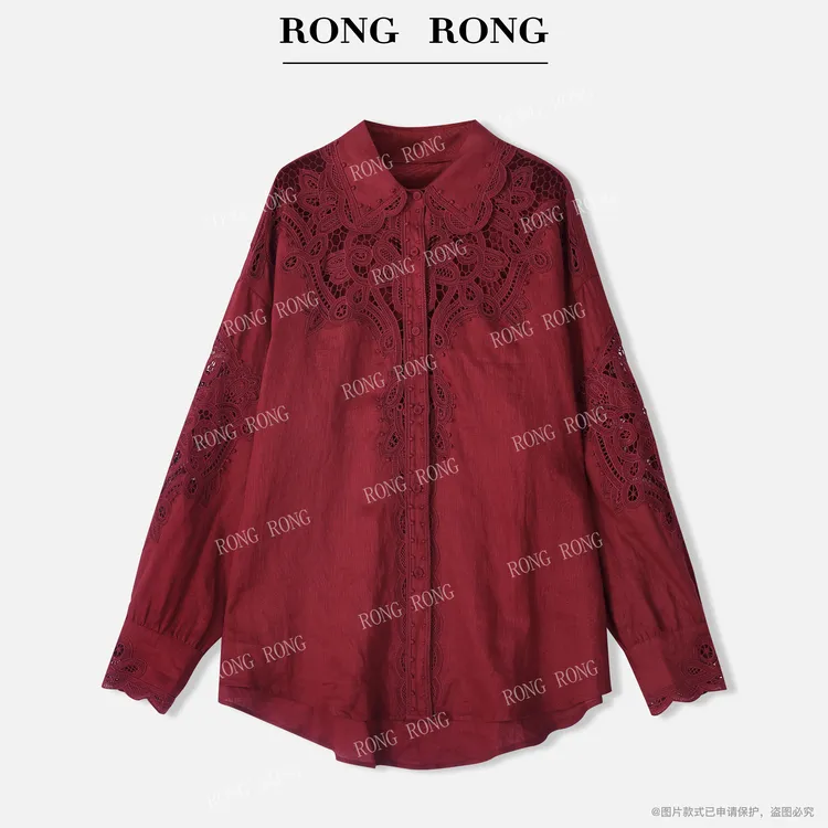 溶溶【蔷薇红茶】RONGRONG 100亚麻肌理感钩花镂空法式衬衫JOS50541