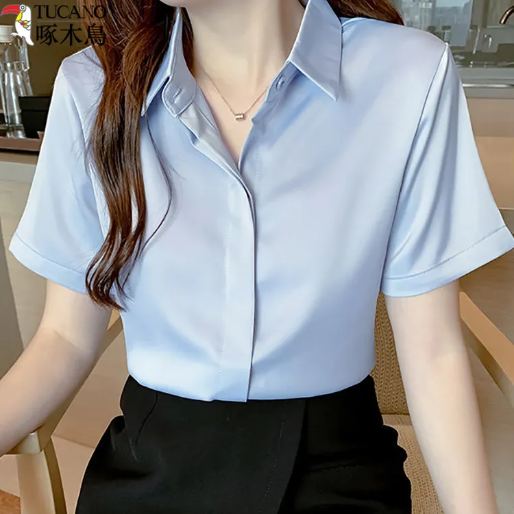 TUCANO啄木鸟缎面蓝色衬衫女短袖春夏款百搭休闲职业衬衣外穿上衣