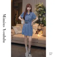 【mimius】肉肉 复古港风时尚通勤翻领收腰牛仔连衣裙 G05333