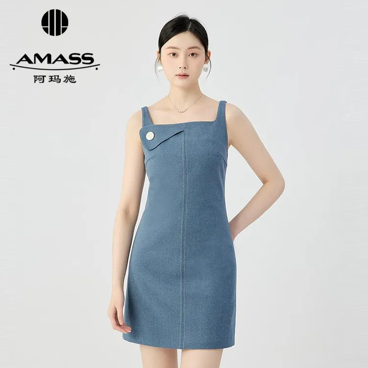 阿玛施时尚百搭胸前纽扣翻边不对称设计吊带短款连衣裙550025