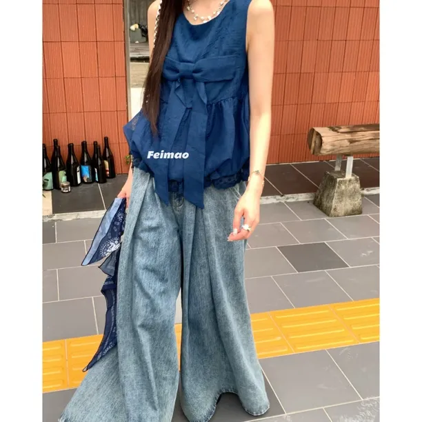 【赵小小&海岛碎片】原创无袖蝴蝶结牛仔背心吊带设计感上衣28108