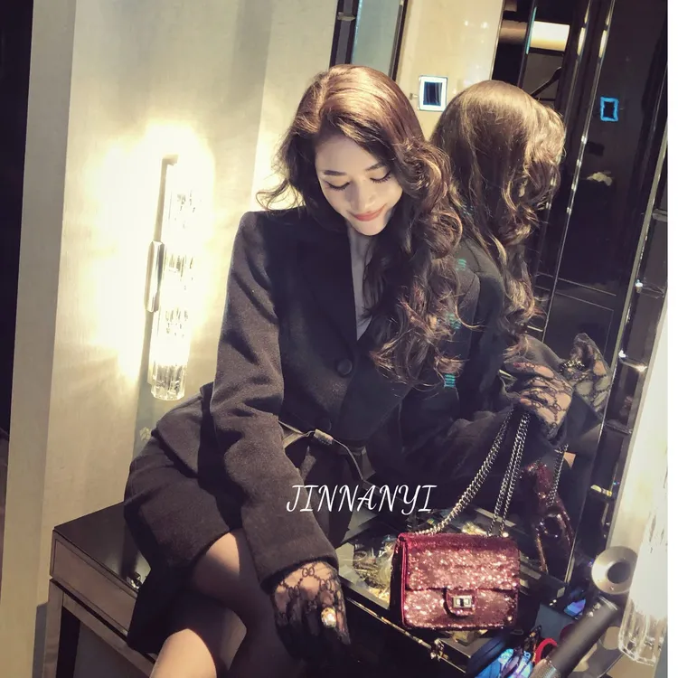 金南一 时尚套装短款长袖收腰拼蝴蝶结西装+包臀半裙021211014