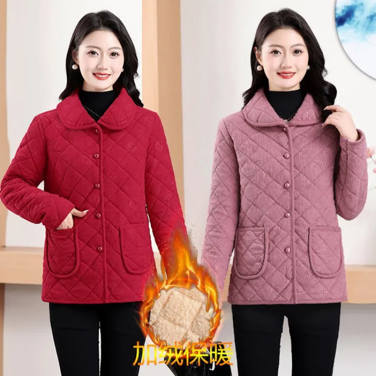 冬季时尚舒适休闲中老年外套妈妈装保暖加绒加厚国风女装棉衣棉服