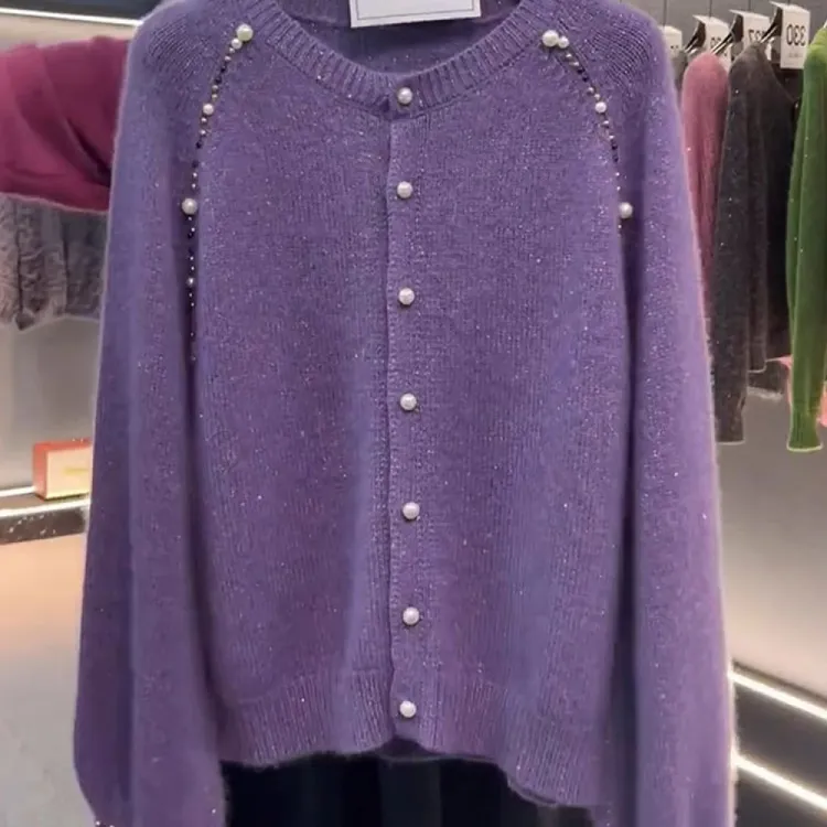 法式时尚气质钉珠单排扣圆领针织开衫软糯舒适长袖慵懒风毛衣女装