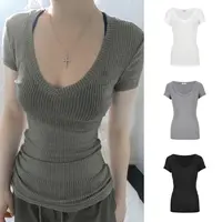 Moses Queen/魔西女王薄款紧身v领短袖T恤女辣妹正肩显瘦打底上衣