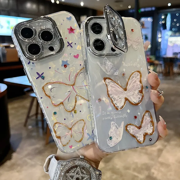 适用苹果系列iPhone16新款手机壳精美点钻蝴蝶银灰色闪粉镜头支架