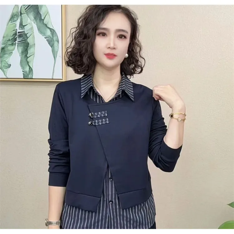 气质翻领女装时尚套装假两件早秋休闲风拼接显瘦洋气长袖#6568
