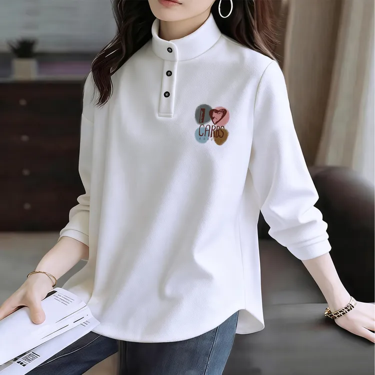 立领POLO衫女秋冬季大码弧形下摆宽松保暖内搭半高领德绒打底上衣