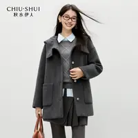 秋水伊人通勤大衣2025年冬季新款连帽领口毛呢大衣625409A130160