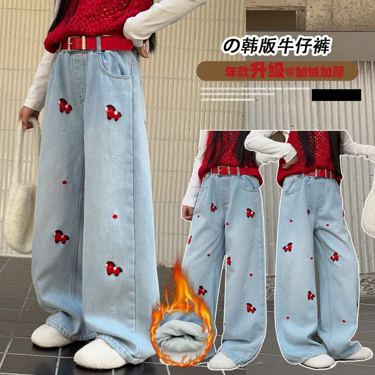 女童加绒牛仔裤冬季外穿直筒长裤中大童洋气韩版