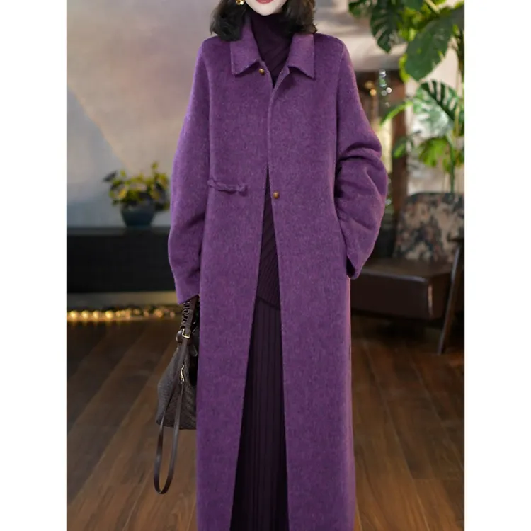 法式赫本风翻领中长款过膝毛呢外套2025秋冬新款复古宽松慵懒大衣