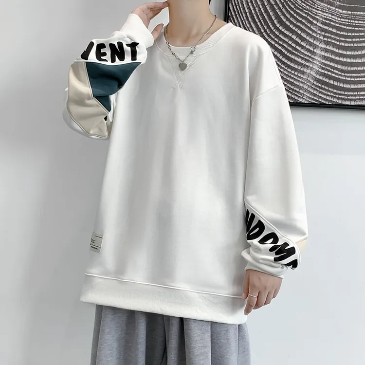 撞色拼接加绒长袖t恤男士春秋款冬季潮牌加厚休闲打底衫国风卫衣