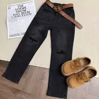 早春休闲百搭手工磨破黑灰烟管裤2329