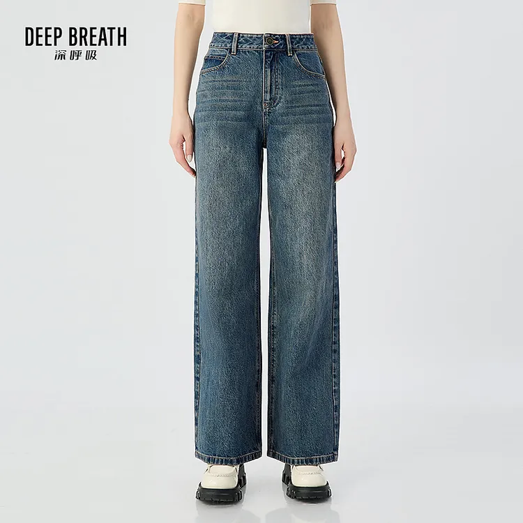 DEEP BREATH深呼吸新款复古洗水色高腰直筒牛仔裤长裤女A100299
