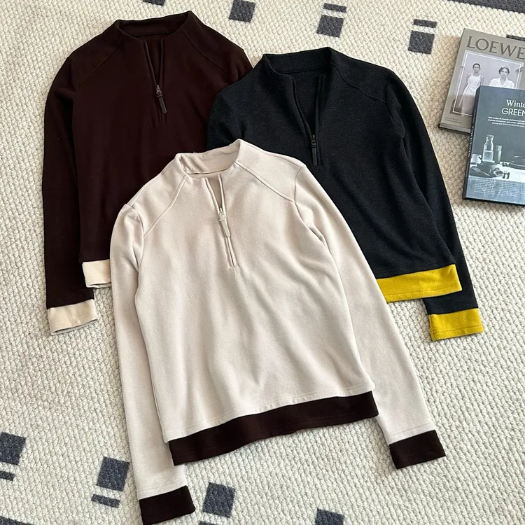 【米可家】插肩袖半拉链撞色假两件澳绒上衣102110