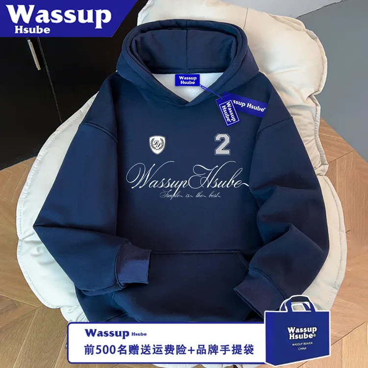 WASSUP HSUBE休闲潮流宽松印花艺术字母盾牌长袖秋冬卫衣情侣上衣