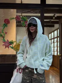 1ndwell 手工棒针混色针织戴帽衫