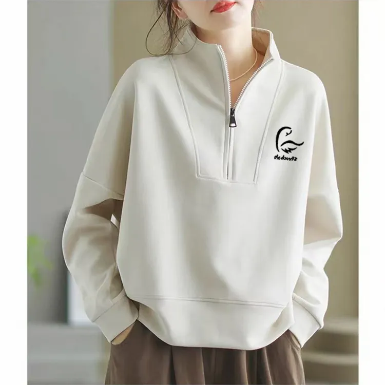 韩版新款立领长袖外套女士春秋小众百搭拉链设计宽松显瘦外套卫衣