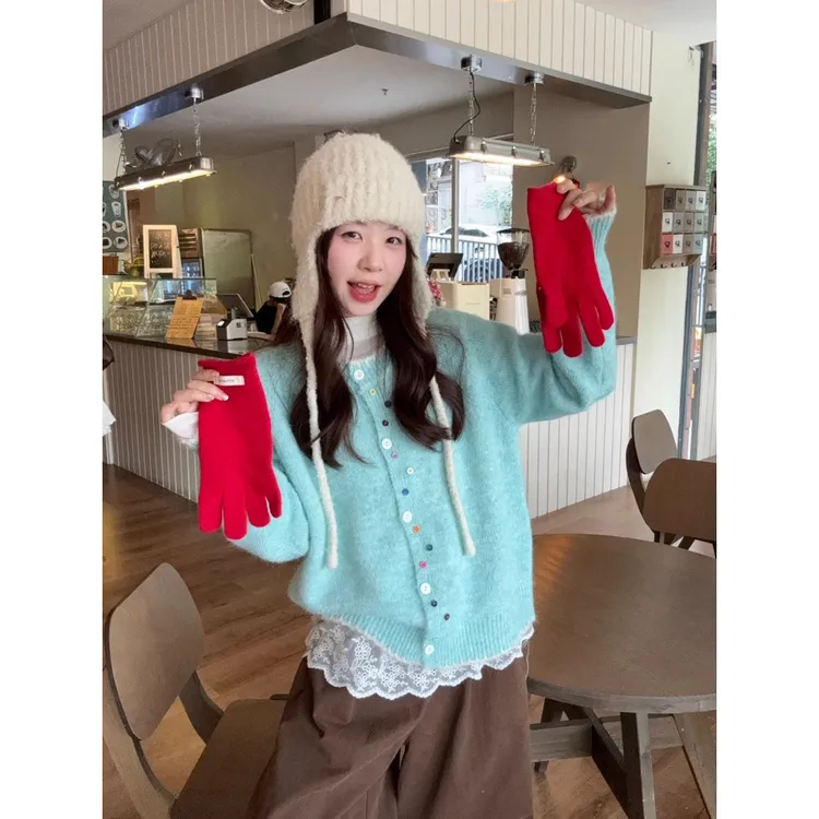 2025韩系复古彩色扣子针织开衫女秋季新款设计感小众百搭软糯毛衣
