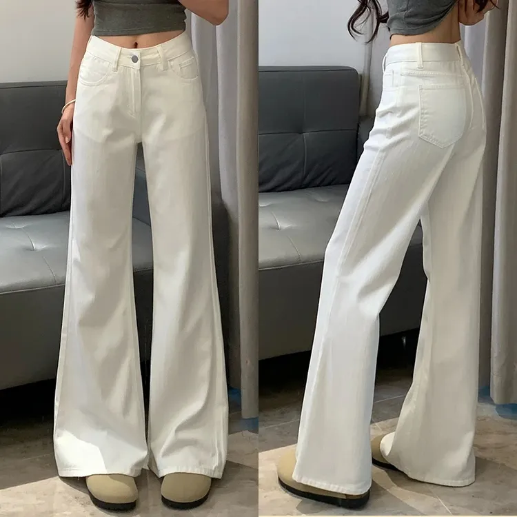 全新科技三防耐脏竹节纹白色牛仔裤女高腰显瘦九分阔腿喇叭裤加厚