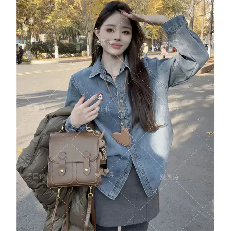 韩版设计感小狗刺绣加绒牛仔衬衫女冬季2025新款打底衫叠穿1039#