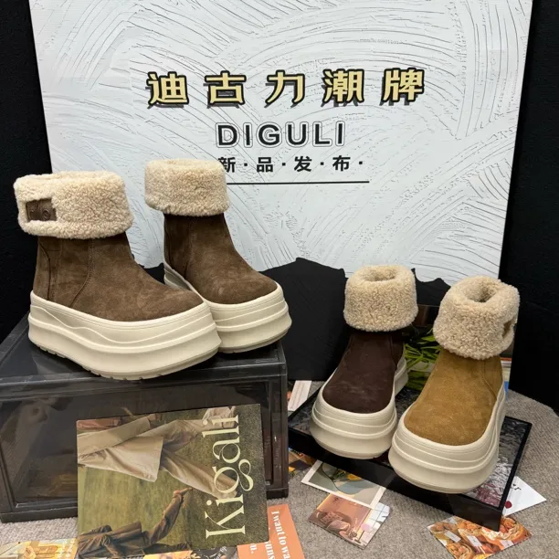 【迪古力】磨砂皮雪地靴女2025冬新款厚底百搭加绒保暖中筒棉靴翠