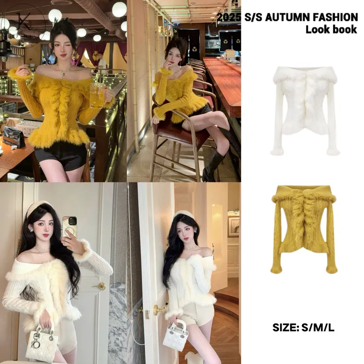 JOYKIKI金金 【气质女神】秋季优雅一字肩毛毛长袖针织上衣J25C438