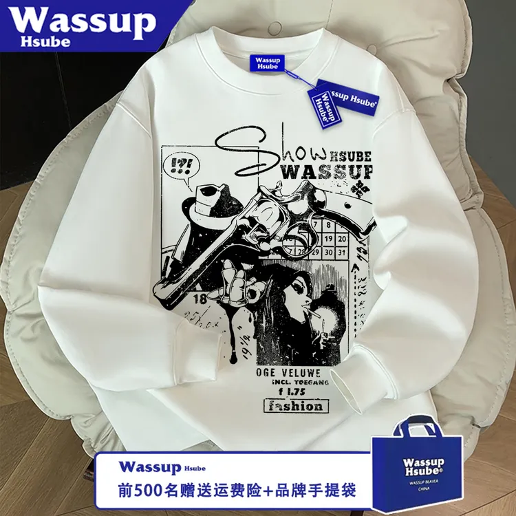 WASSUP HSUBE休闲长袖美式秋冬百搭潮流牛仔左轮宽松印花情侣上衣