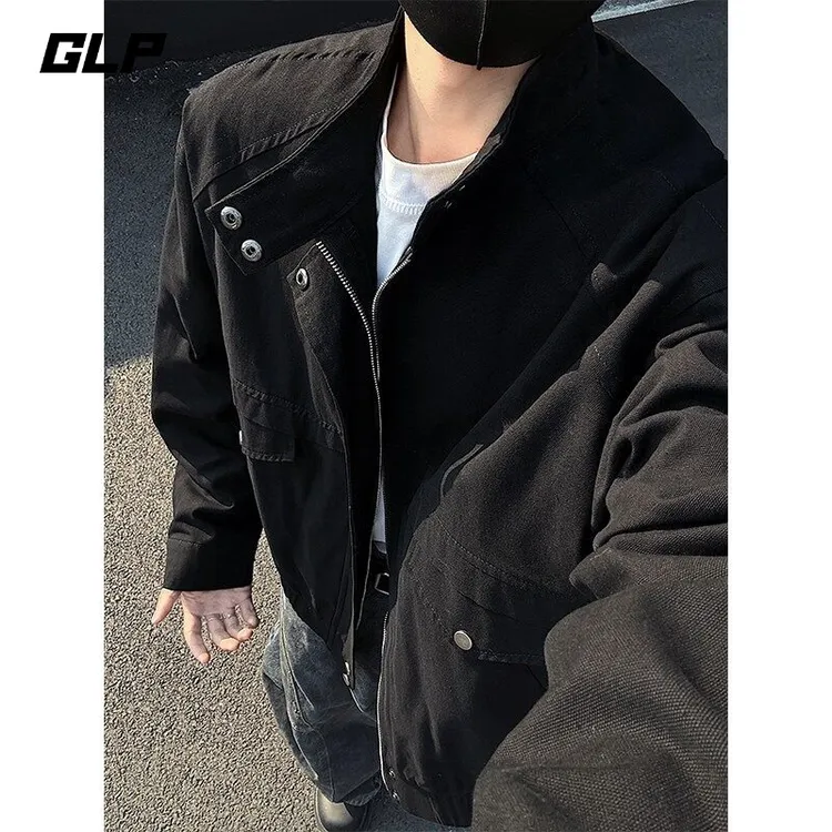 美式复古痞帅立领外套男春秋高级感机车工装夹克大码男装潮牌上衣
