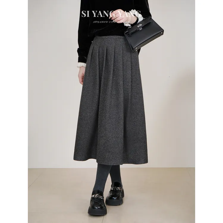 斯洋洋SIYANG冬季羊毛混纺细闪百搭通勤后腰松紧半裙BQ512A006SYY