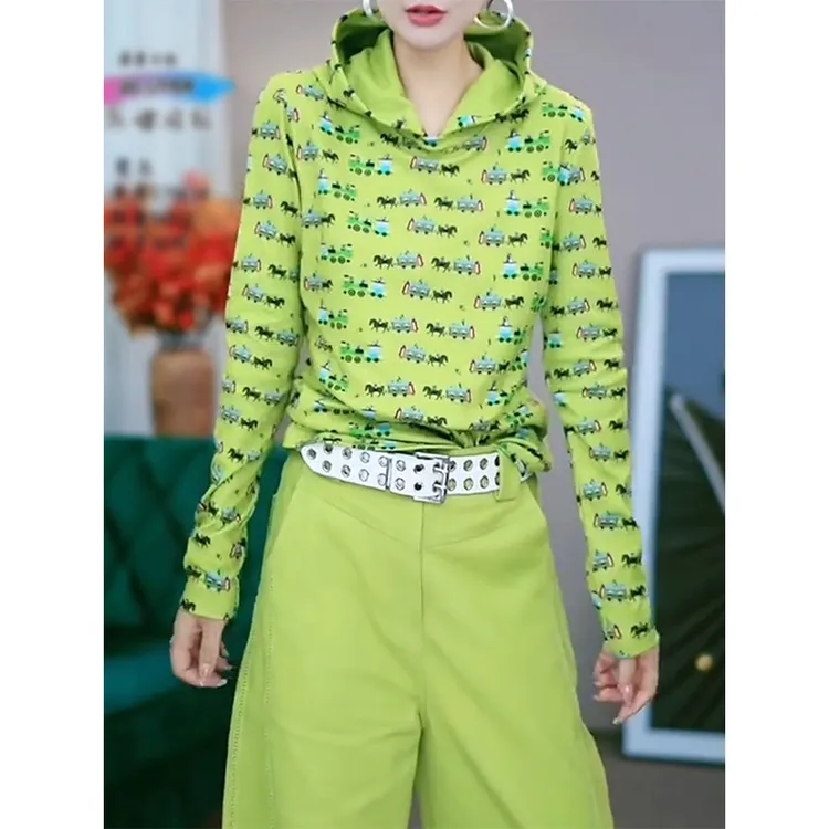 韩系穿搭连帽T恤卫衣女秋季新款时尚洋气显瘦欧货长袖印花上衣潮