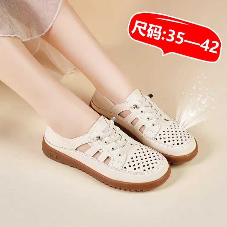 大码4142洞洞单鞋女2025夏季免系带镂空透气小白鞋牛筋底包头凉鞋