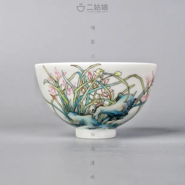 艺林堂粉彩十二花神小鸡心杯(兰花）【景德镇全手工茶具98ml】