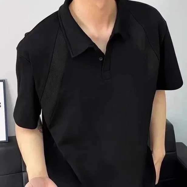 夏季polo衫空气层解构拼接亨利领短袖男t恤美式潮牌cleanfit重磅