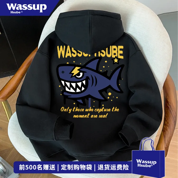 WASSUP HSUBE美式潮牌鲨鱼印花开衫连帽卫衣男秋冬季潮流拉链外套