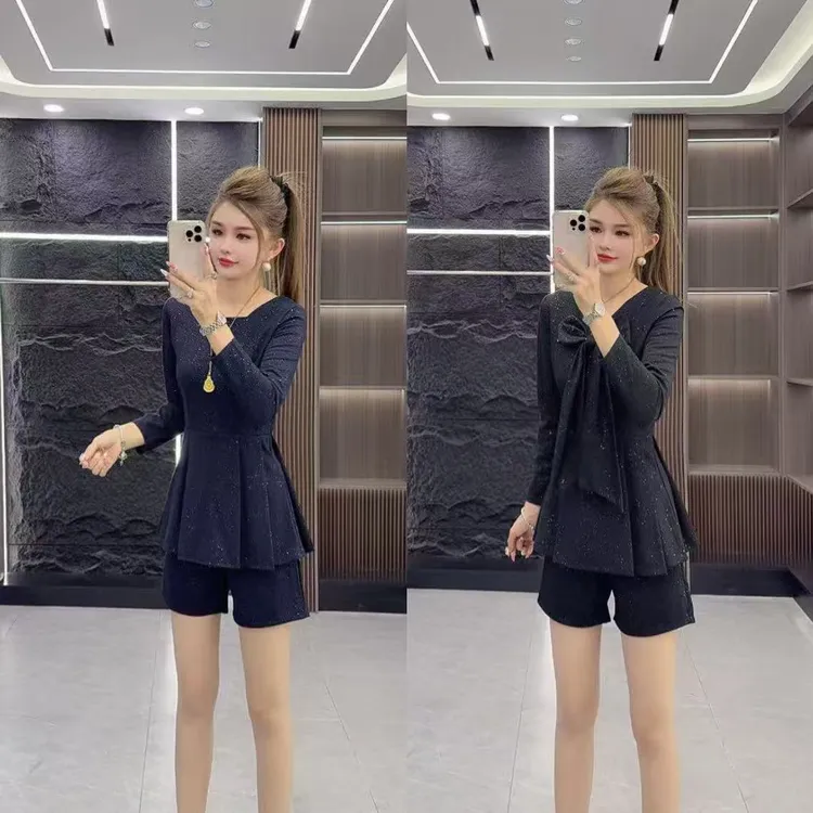 精品0522 爆闪满天星蝴蝶结收腰长袖上衣 加 短裤 两件套