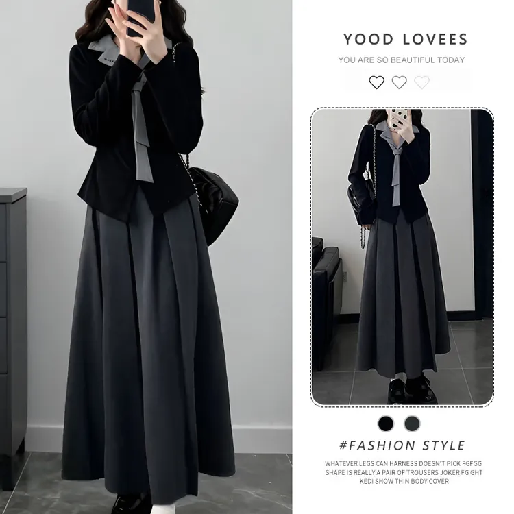 巨好看一整套2025春秋新款高级感气质减龄假两件上衣半身裙两件套