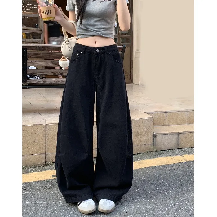 美式高街辣妹黑色垂感弯刀牛仔裤女夏季宽松百搭显瘦阔腿裤长裤