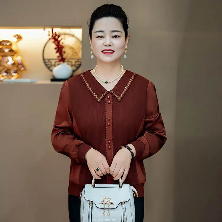 妈妈装秋纯色小衫百搭宽松休闲长袖翻领女减龄中老年洋气时尚春秋