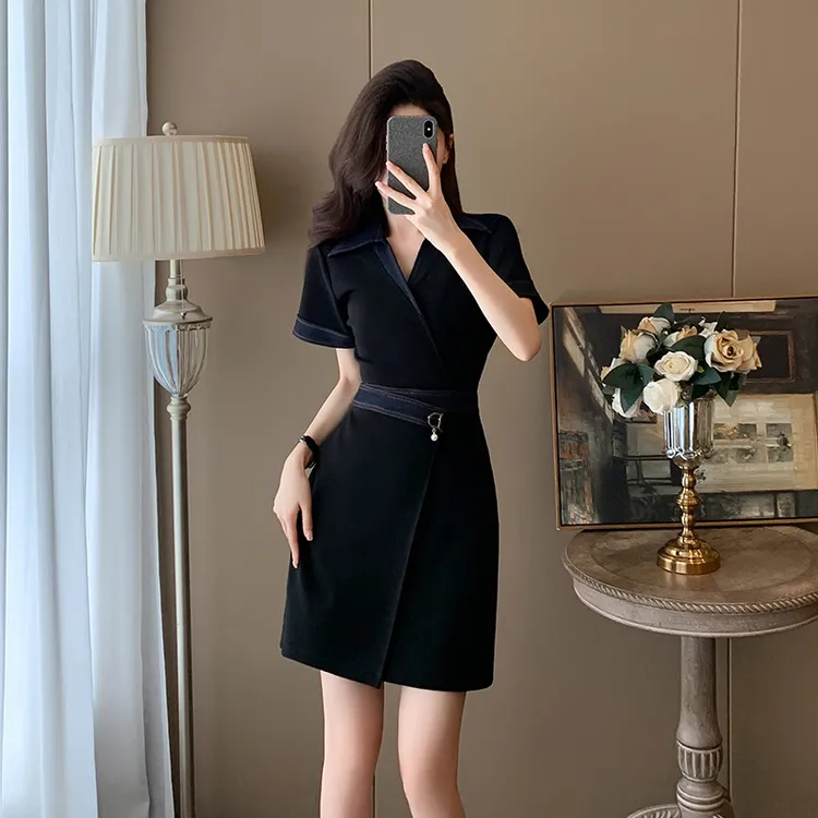 黑色超好看法式短袖连衣裙女夏季高级感气质轻奢名媛风收腰中长裙