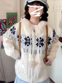 A436-慵懒风蓝白色费尔岛连帽毛衣外套女秋冬季新款宽松针织开衫
