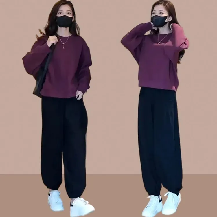 韩版时尚圆领卫衣宽松阔腿裤子女春秋爆款大码休闲时髦洋气两件套