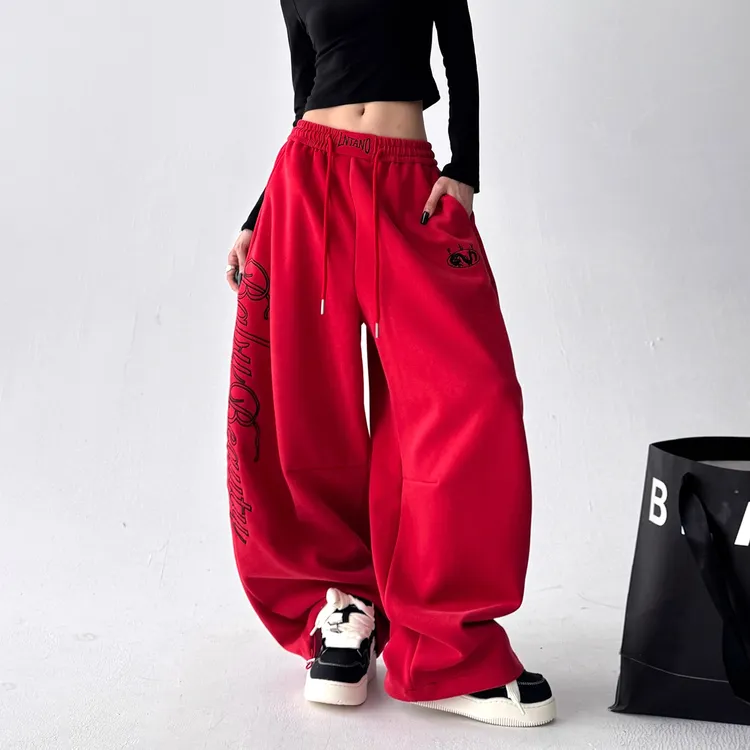 红色2025秋季新款韩版宽松显瘦百搭休闲裤女高腰直筒阔腿长裤子潮