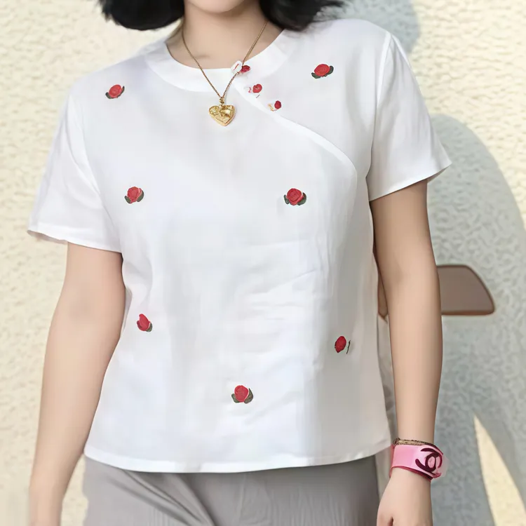 2025刺绣花朵亚麻圆领白色短袖T恤纽扣显瘦洋气宽松百搭简约上衣