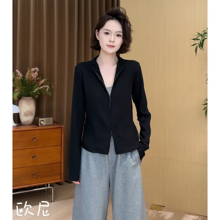 欧尼私服 2025早秋新款韩版立领长袖双拉链修身收腰上衣2508C4883
