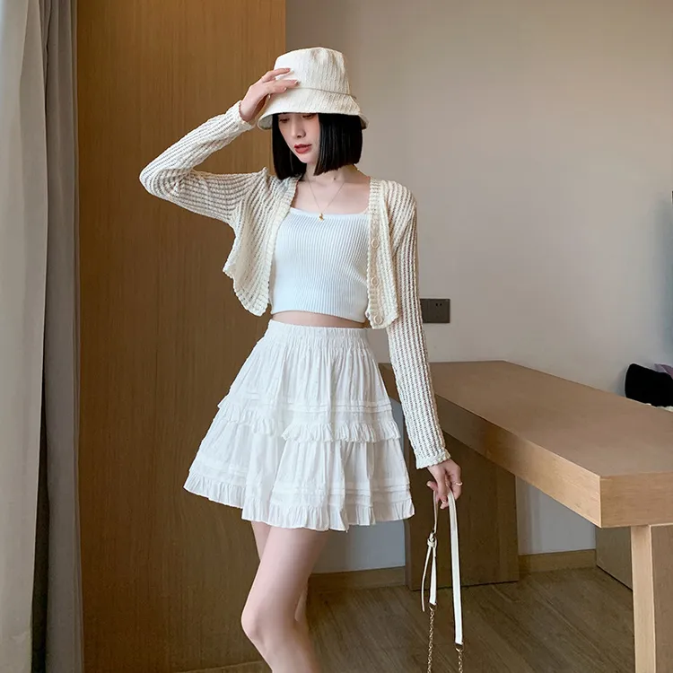 白色芭蕾风高腰A字蓬蓬短裙女夏季新款蛋糕裙半身裙裙子长裙
