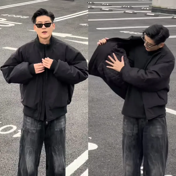 美式街头廓形蝙蝠袖飞行员冬季棉服痞帅休闲立领男士百搭保暖外套